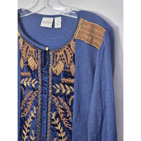 Chicos Zenergy Womens Size 1 (Medium) Blue Embroidered Pieced Velvet Tunic LS - Picture 5 of 7